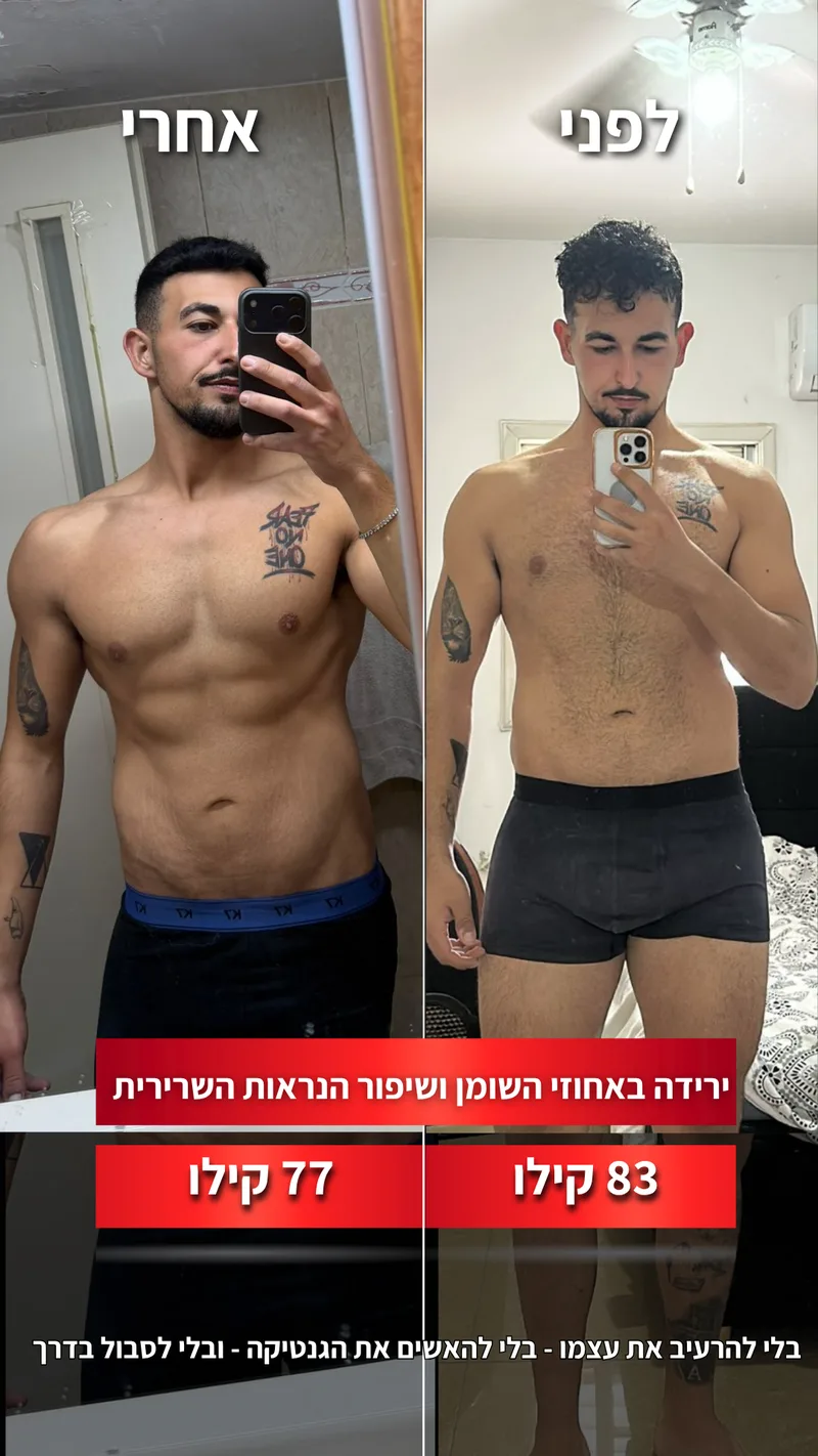 תמונת לפני ואחרי אמיתית של מתאמן בתהליך עם ראם, כולל נתוני משקל