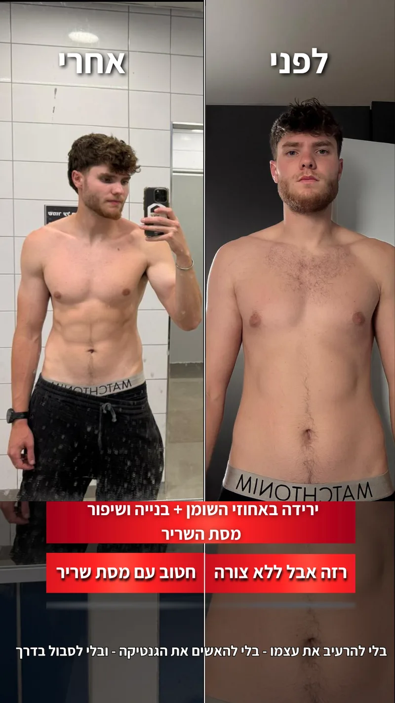 תמונת לפני ואחרי אמיתית של מתאמן בתהליך עם ראם, כולל נתוני משקל