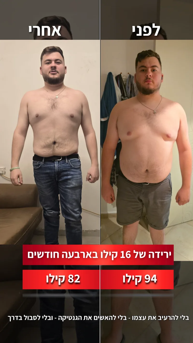 תמונת לפני ואחרי אמיתית של מתאמן בתהליך עם ראם, כולל נתוני משקל