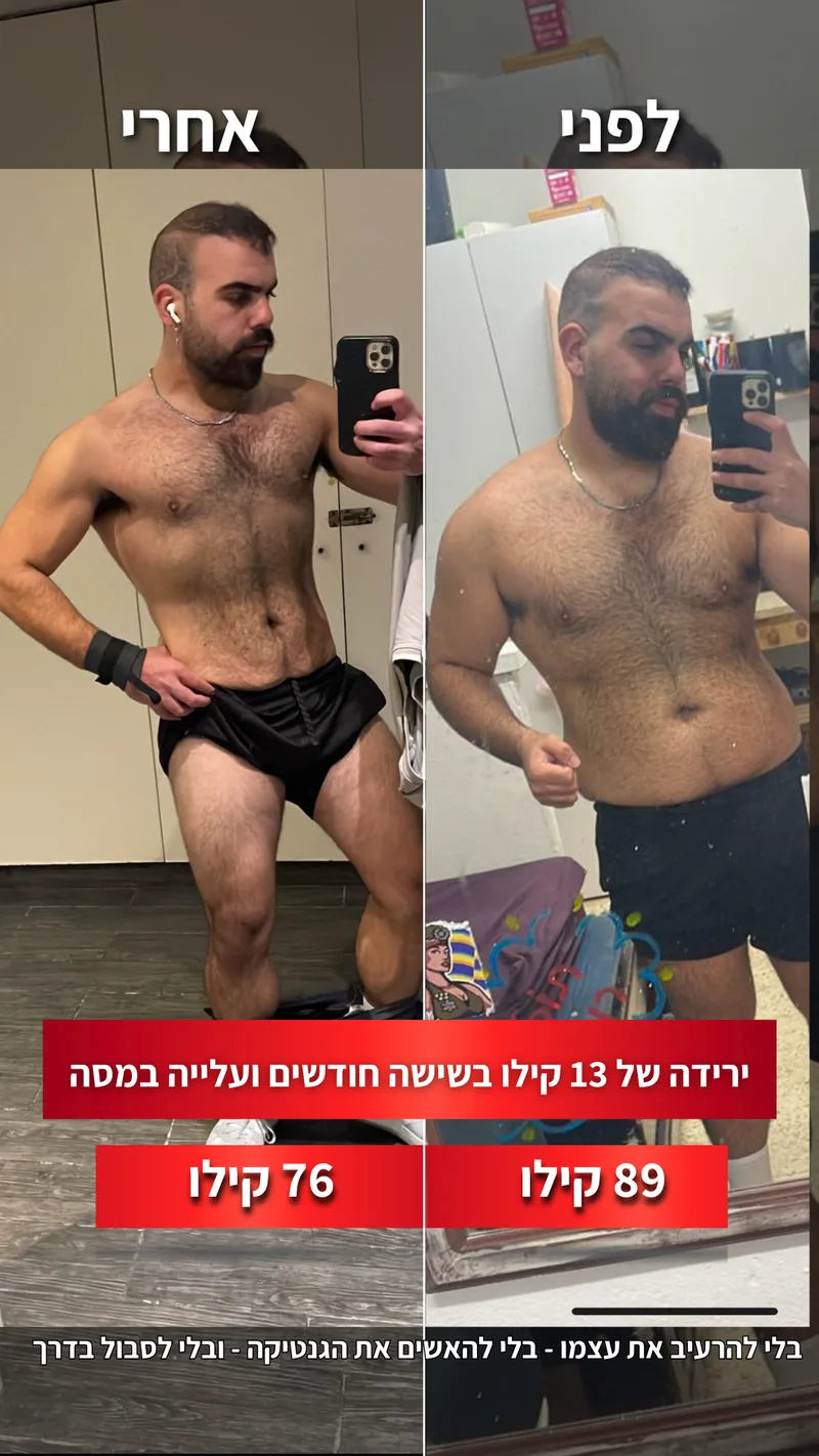 תמונת לפני ואחרי אמיתית של מתאמן בתהליך עם ראם, כולל נתוני משקל