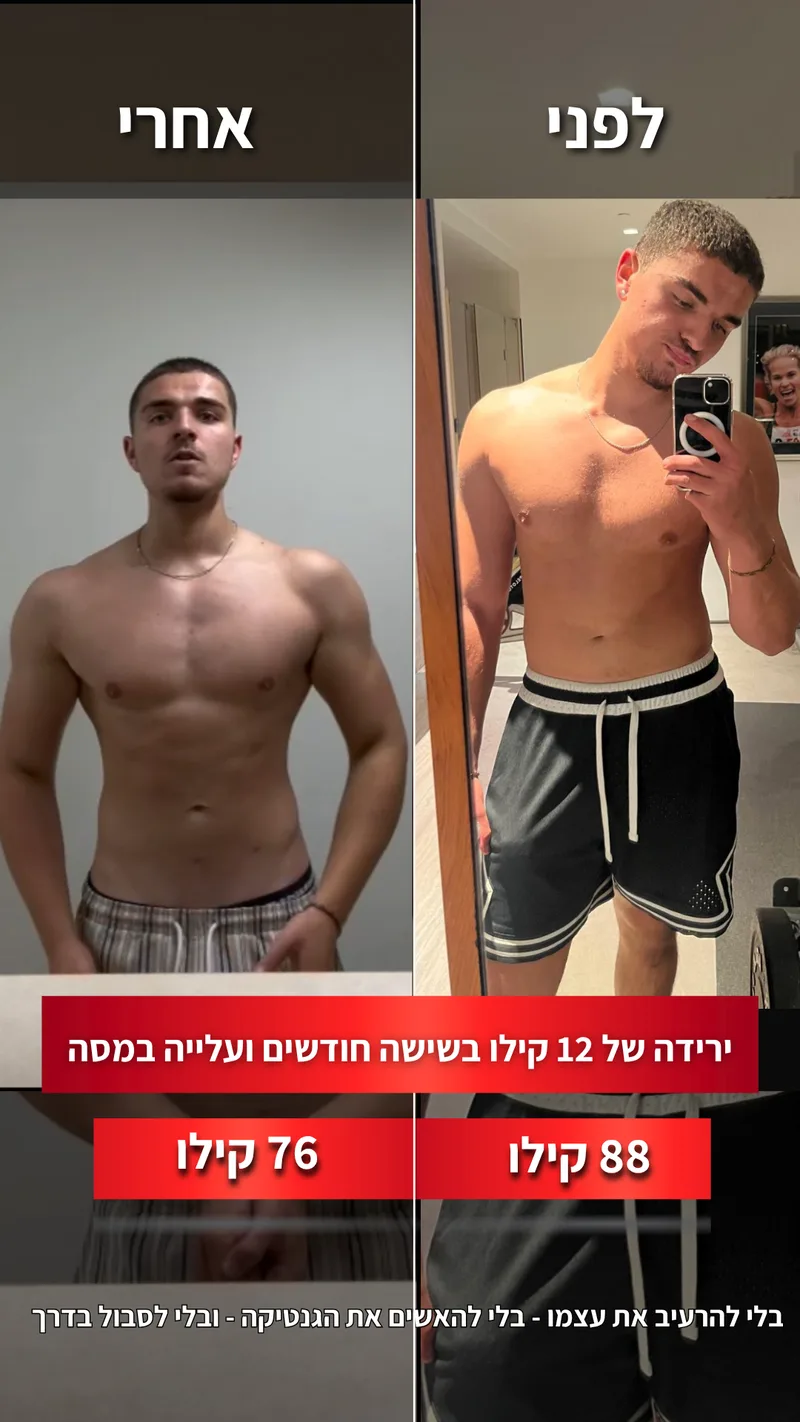 תמונת לפני ואחרי אמיתית של מתאמן בתהליך עם ראם, כולל נתוני משקל