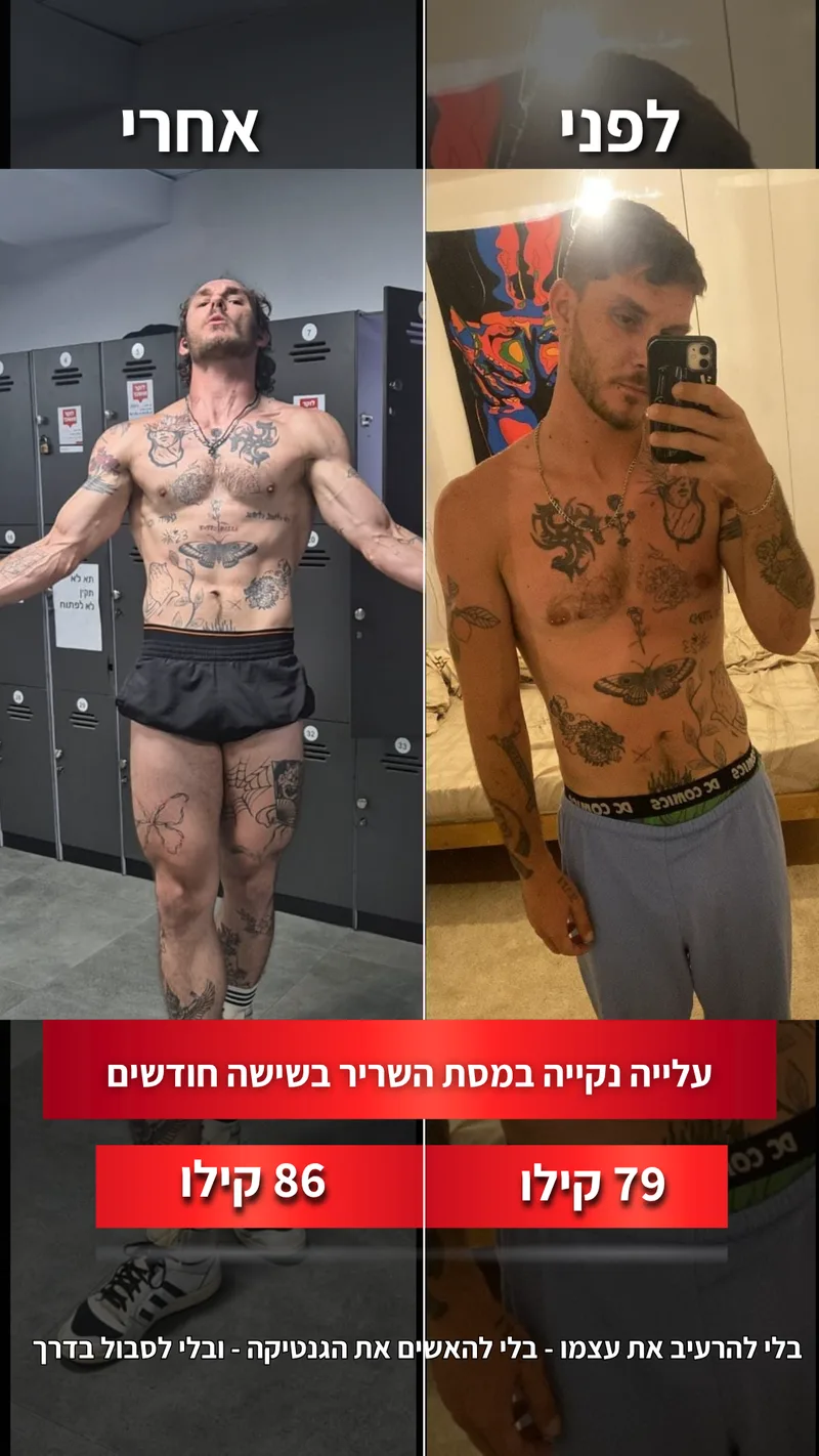 תמונת לפני ואחרי אמיתית של מתאמן בתהליך עם ראם, כולל נתוני משקל
