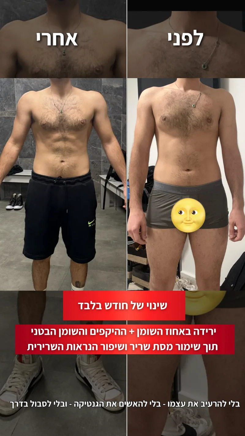 תמונת לפני ואחרי אמיתית של מתאמן בתהליך עם ראם, כולל נתוני משקל