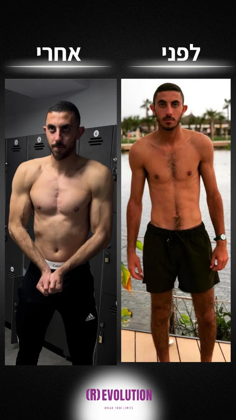 תמונת לפני ואחרי אמיתית של מתאמן בתהליך עם ראם, כולל נתוני משקל